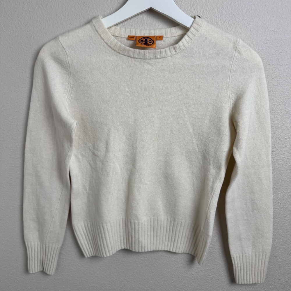 Tory Burch Logo Button Shoulder Sweater Small XS Ivory Merino Cashmere Blend